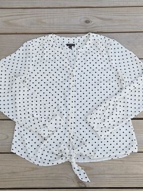Talbots Ivory & Navy/Black Long Sleeve Polka Dot Blouse Size M